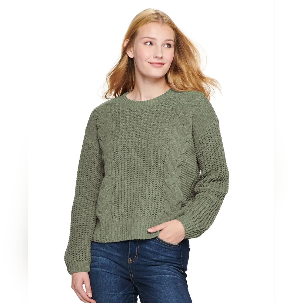 Juniors' SO Braided Cable Chenille Pullover olive